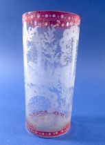 A Bohemian glass tumbler etched stags and landscape decoration, 15cm