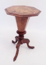 A Victorian walnut work table with octagonal top on triple carved supports