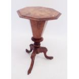 A Victorian walnut work table with octagonal top on triple carved supports