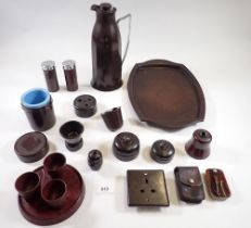 A quantity of vintage Bakelite items including tray, flask, pen holder, car ashtray, various