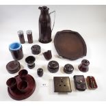 A quantity of vintage Bakelite items including tray, flask, pen holder, car ashtray, various