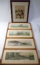 A Victorian chromolithograph two dogs on a jetty, 23 x 16cm and four landscape prints, 9 x 34cm