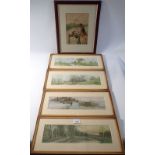 A Victorian chromolithograph two dogs on a jetty, 23 x 16cm and four landscape prints, 9 x 34cm