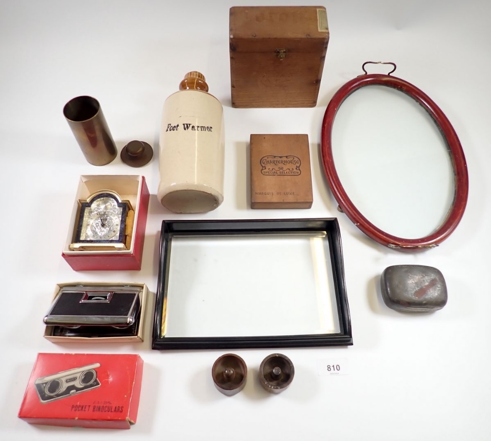 A group of miscellaneous items including small glass trays, clock, cigar boxes etc.