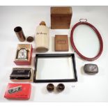 A group of miscellaneous items including small glass trays, clock, cigar boxes etc.