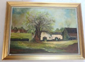 Fernand Van den Bussche - oil on canvas landscape with farm buildings, 49 x 68cm