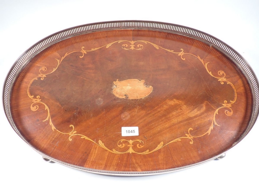 An Edwardian inlaid mahogany and silver plated galleried tray, 60 x 40cm - Image 3 of 3
