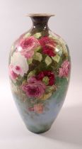 A Limoges Art China Co Ltd large vase decorated roses - repaired, 36cm