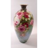 A Limoges Art China Co Ltd large vase decorated roses - repaired, 36cm