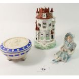 A Victorian bisque figure of a girl, a bisque powder pot decorated angels and a porcelain castle