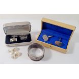 A pair of silver Links of London cufflinks, a silver napkin ring and two other pairs of cufflinks