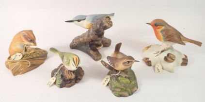 A set of five Ashmor porcelain birds and animals comprising Nuthatch, Mouse, Robin, Wren and