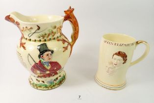 A Crown Devon Fieldings musical 'John Peel' jug and a Coronation 1953 mug