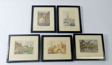 R C Bean - five small hand coloured etchings of Salisbury, 6 x 9cm