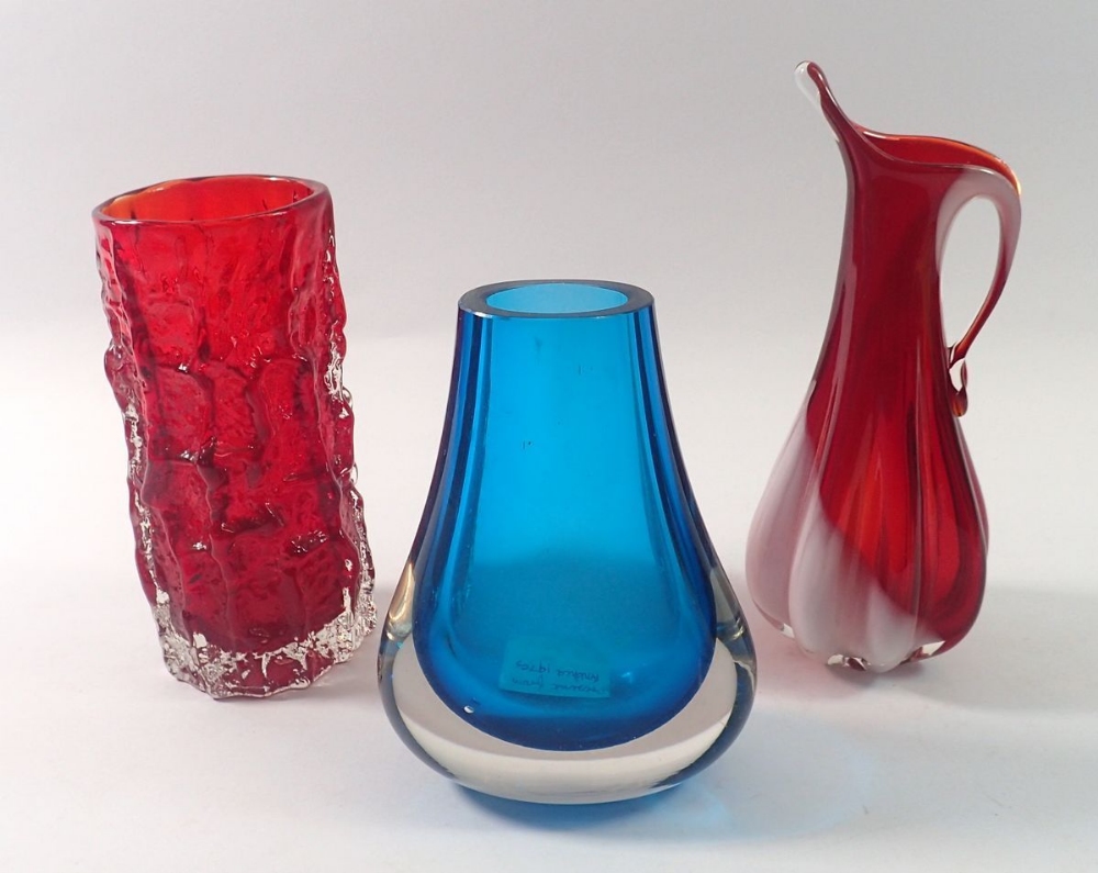 Two Whitefriars glass vases and a jug, 18cm tall