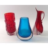 Two Whitefriars glass vases and a jug, 18cm tall