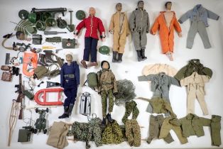 A group of vintage Action men style figures made in Hong Kong with clothes and accessories