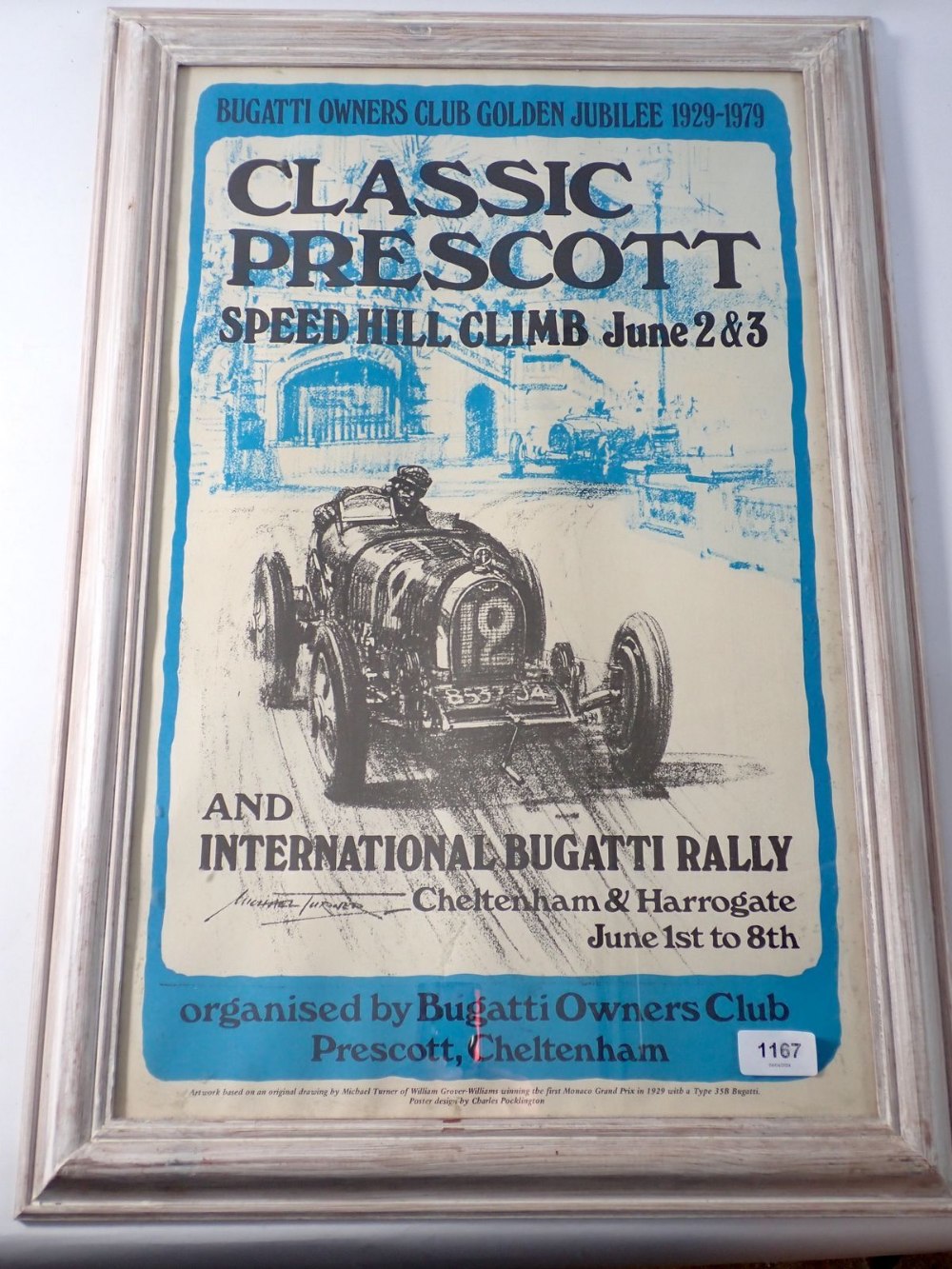 A Bugatti Rally poster print 1979, framed, 59 x 37cm