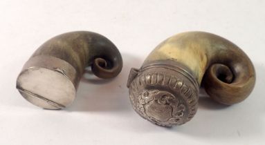 Two white metal mounted horn snuff mulls, largest 8cm tall