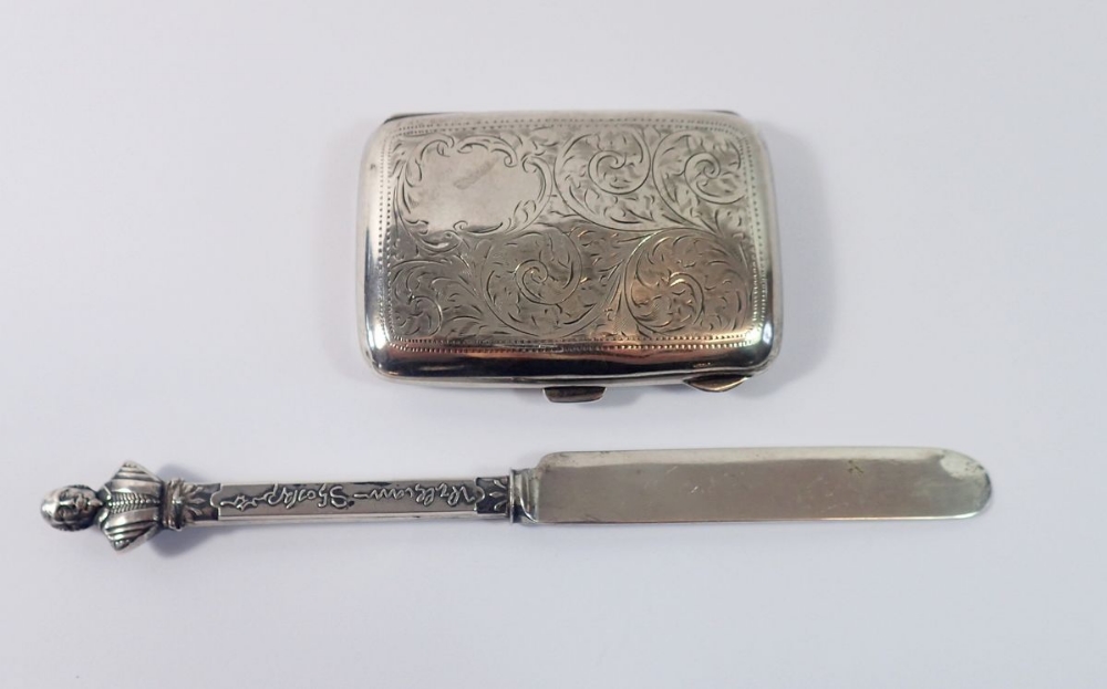 A silver cigarette case and a silver butter knife for William Shakespeare by George Unite,