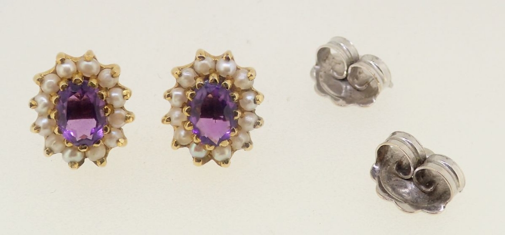 A pair of 9 carat gold earrings set amethysts and seed pearls - Image 2 of 2