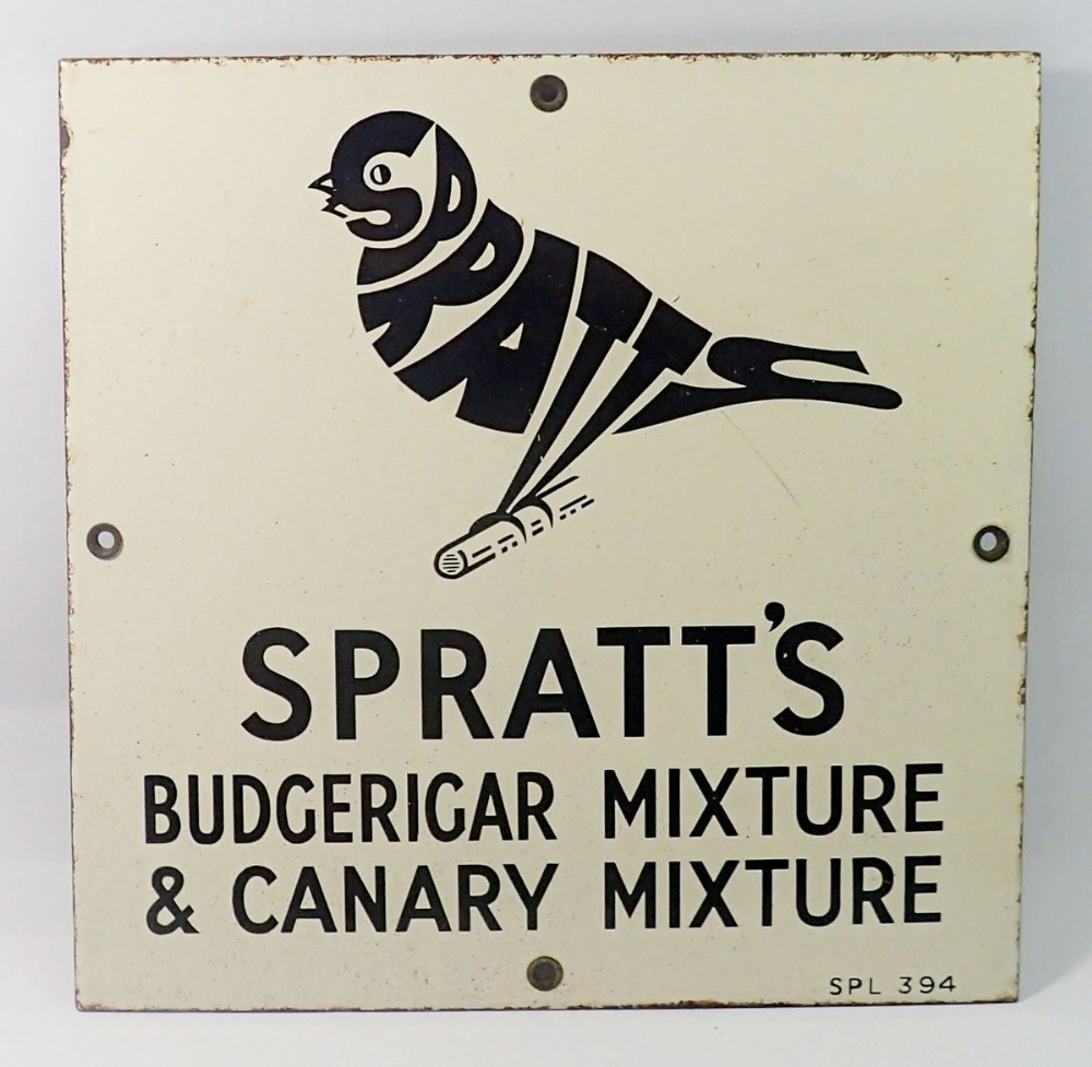 Spratt's vintage enamel sign Budgerigar Mixture & Canary Mixture No Spl 394, 30cm square