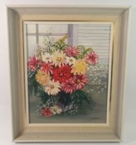 W Emmott - vintage oil on board vase of flowers, 29 x 23cm