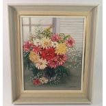 W Emmott - vintage oil on board vase of flowers, 29 x 23cm