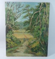 E Cowley - oil on board 'Hartpury 84' signed and dated 1985, 45.5 x 35.5cm unframed