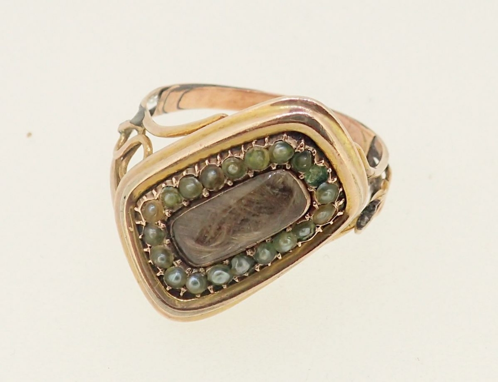 A Victorian gold mourning ring with diagonally set hair locket within seed pearl surround, unmarked, - Image 5 of 5