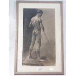 A charcoal study of a semi nude man signed indistinctly, dated 1950, 51 x 29cm