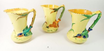 Three Burleigh Ware jugs with kingfisher handles