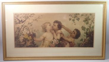 A Vienese colour print of children in a garden after F Lefler, 30 x 68cm