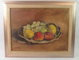 R Andre - oil on board bowl of fruit, signed and dated '83, 29 x 40cm