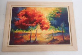 A large oil on board of 'Westonbirt Autumn' signed by local artist, 59 x 90cm