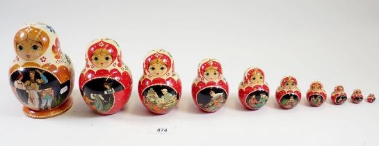 A Russian Matryoshka doll by Sergiev Posad comprising ten dolls telling a fairy tale story