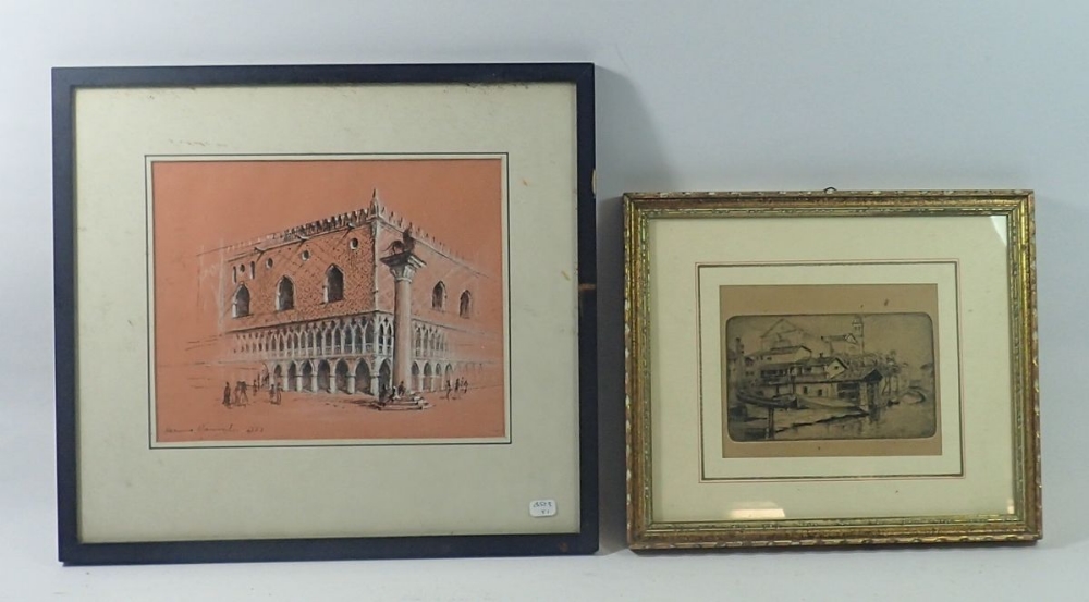 Henry Hammond - pen & chalk sketch North African buildings, 17 x 21cm and a Venetian etching