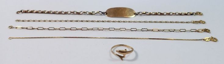 Three 9 carat gold bracelets, a gold indentity bracelet (matched) and a 9 carat gold dolphin ring,