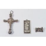 A silver St Christopher pendant 14g, a white metal large crucifix and a silver gate brooch