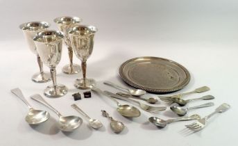 A group of silver plated items including tray, four wine glasses etc.