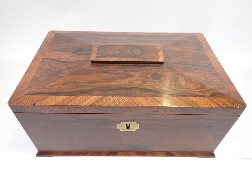 A Victorian rosewood needlework box with fitted interior including wooden reels and lift out tray, - Image 4 of 5