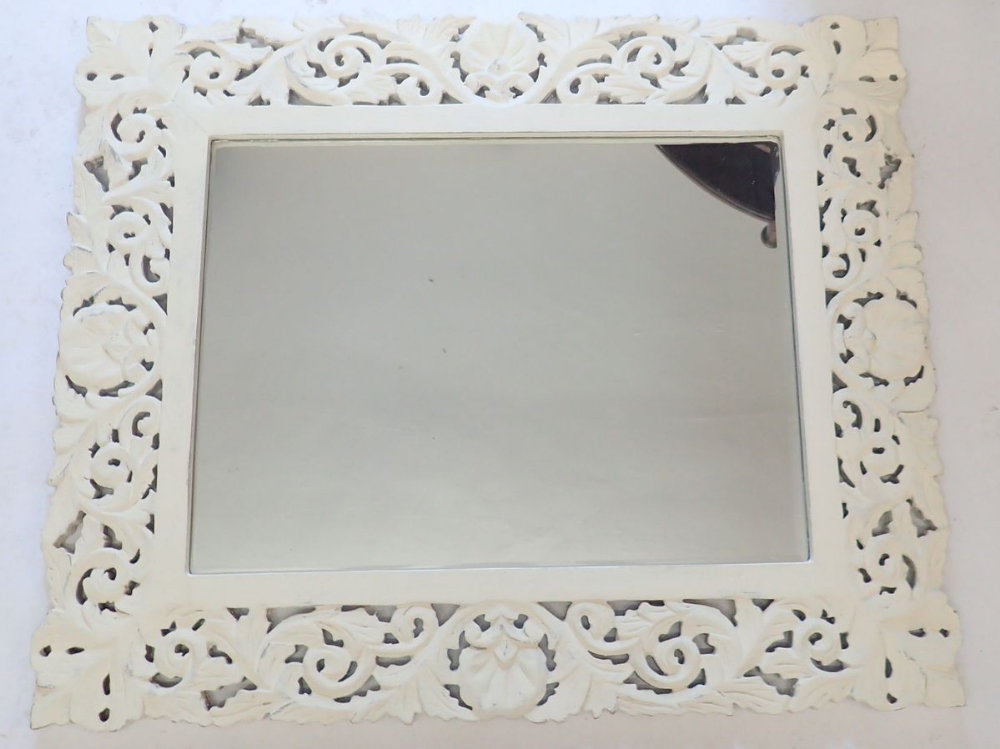 A white painted foliate framed modern mirror, 68 x 74cm