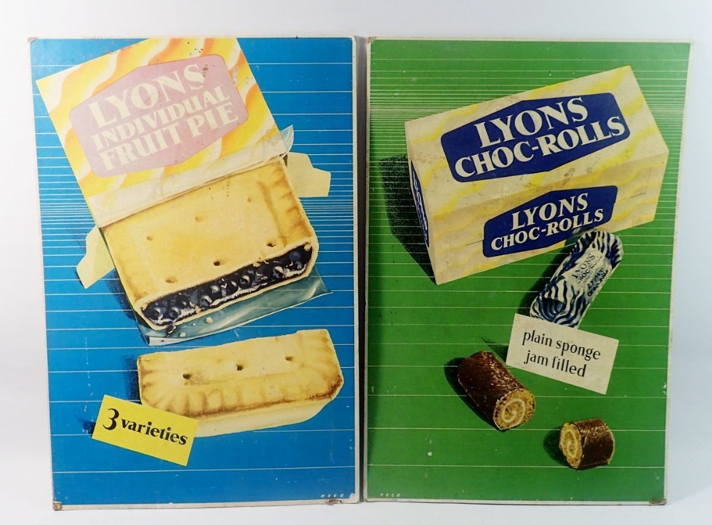 Two Lyons advertising boards in cardboard for Choco-Rolls and Individual Fruit Pie by Rees, 43 x
