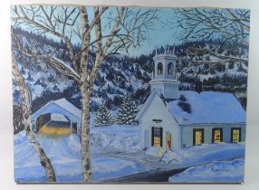 Napubamo - oil on canvas American chapel in snow scene, New Jersey, 46 x 61cm