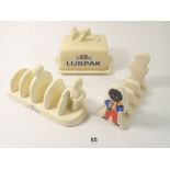 A Lurpack butter dish and toast rack plus a Robertsons jam toast rack