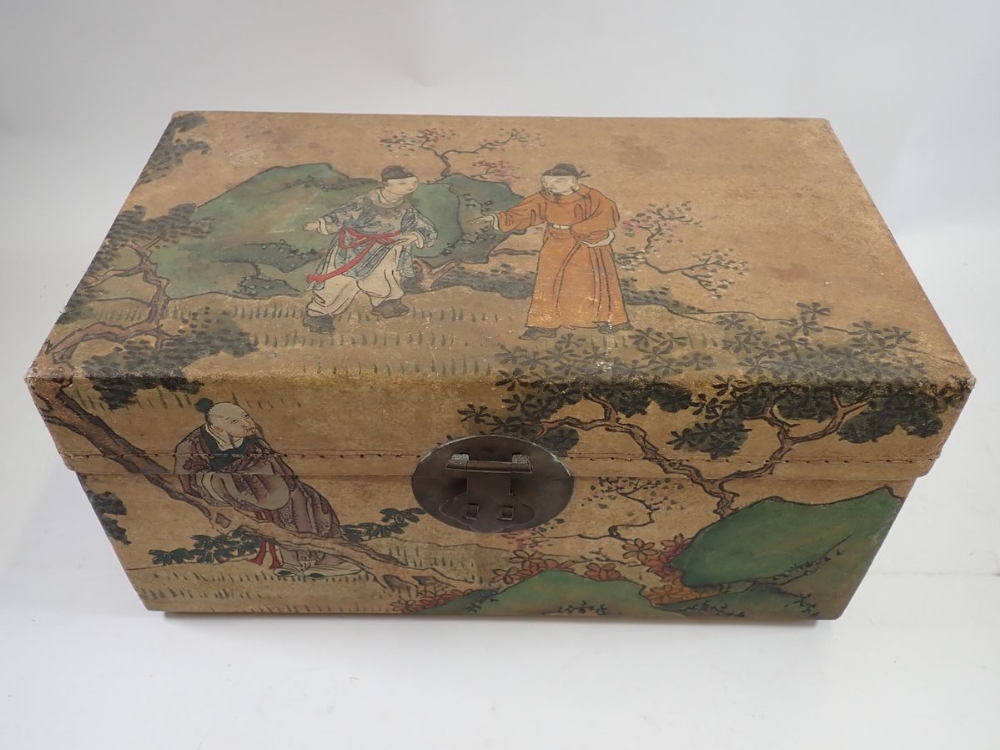 A vintage Chinese box printed garden scenes with metal handles and clasp 34cm wide - Image 2 of 3