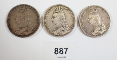 Three Victoria 1889 silver crowns