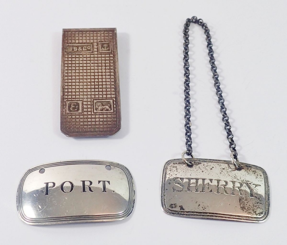 Two silver decanter labels for Port & Sherry (one lacking chain) Birmingham 1835 and London 1806 and