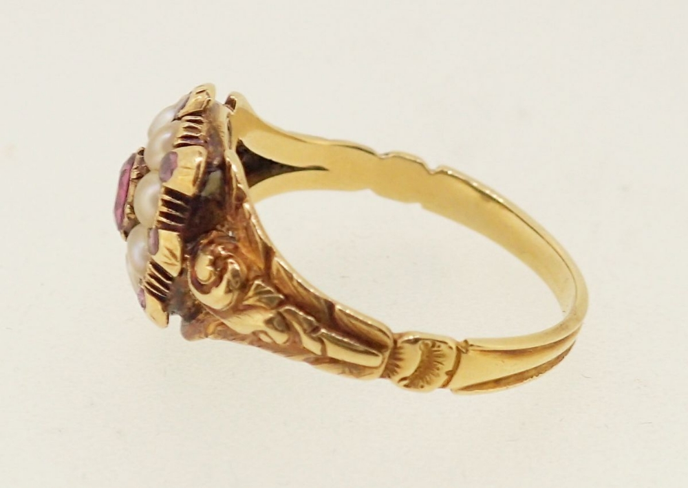 A Victorian gold cluster ring set ruby, amethysts and seed pearls, 2.4gm size N, unmarked but tested - Image 3 of 5