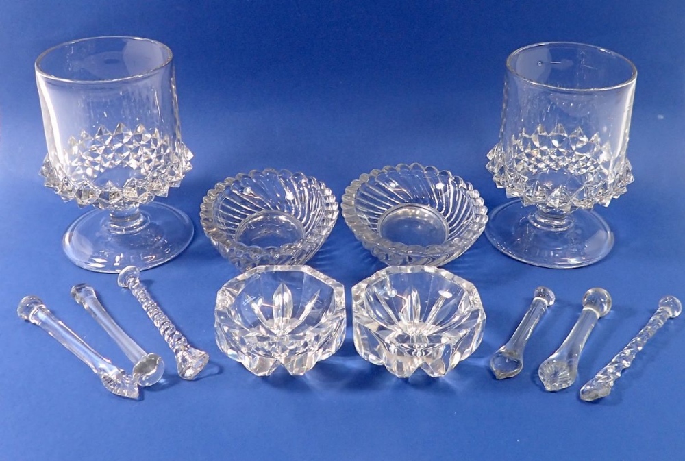 Two large Victorian glass moulded goblets and two pairs of glass salts plus six glass swizzle sticks